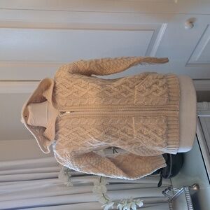 Blarney Woolen Mills Youth 100% Ivory Wool‎ Hooded Cableknit Cardigan Sweater YL